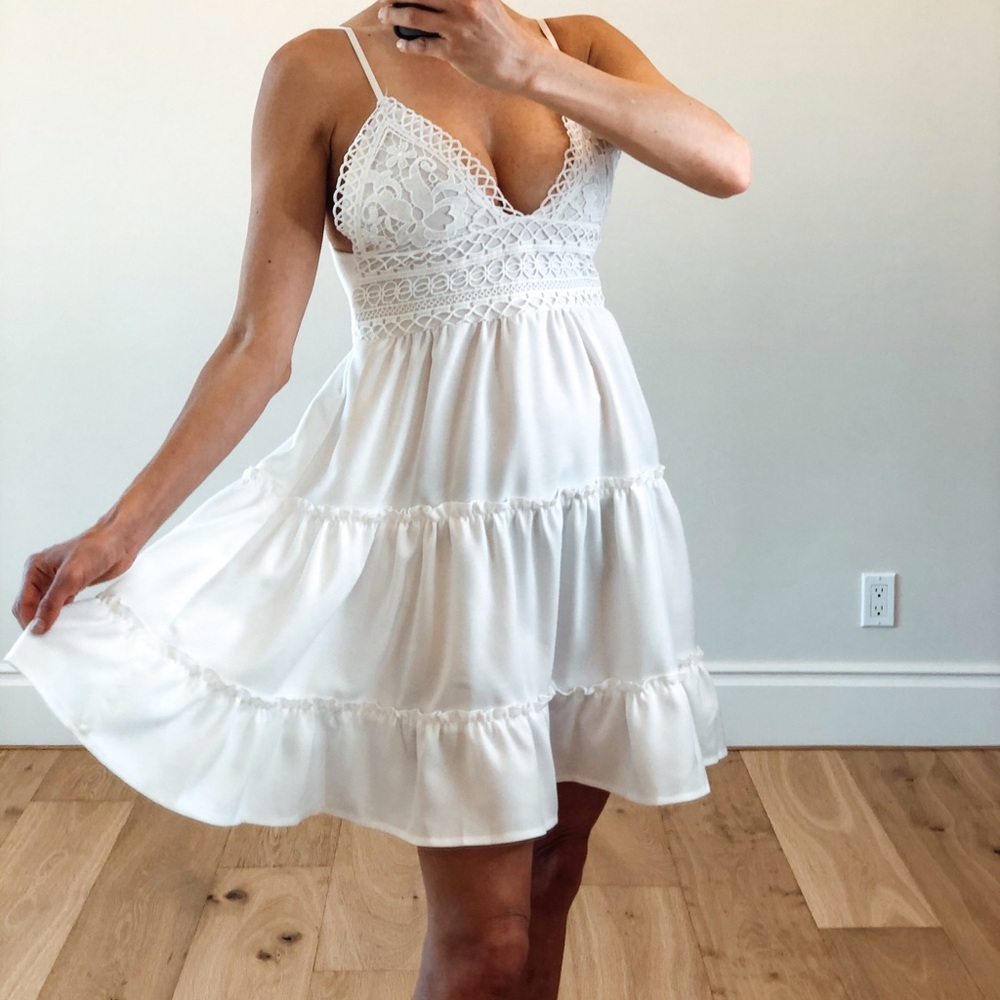 🆕 TULUM White Crochet Ruffle Tie Back Sundress